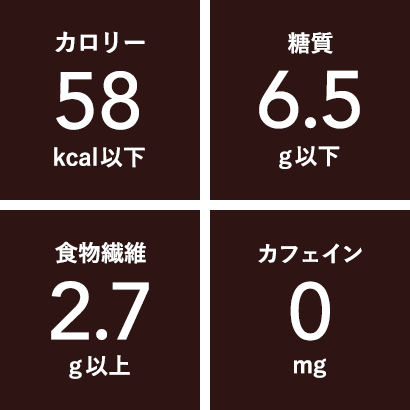 カロリー58kcal以下 糖質6.5g以下 食物繊維2.7g以上 カフェイン0mg